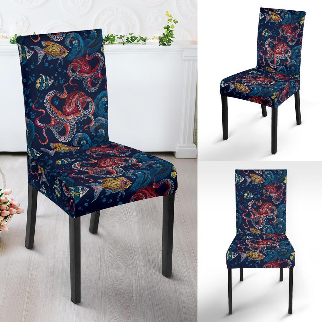 Octopus Deep Sea Print Themed Dining Chair Slipcover-JTAMIGO.COM