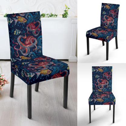 Octopus Deep Sea Print Themed Dining Chair Slipcover-JTAMIGO.COM