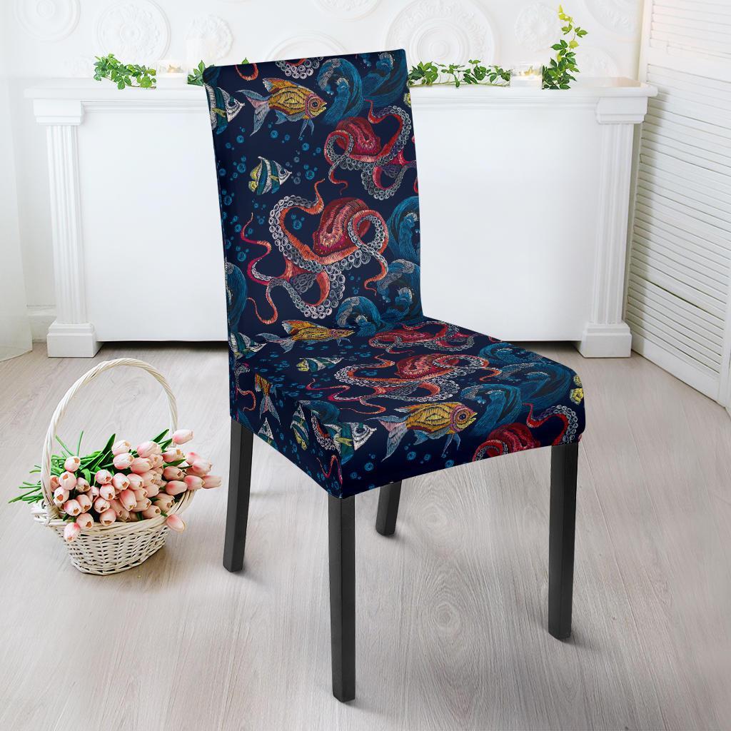 Octopus Deep Sea Print Themed Dining Chair Slipcover-JTAMIGO.COM