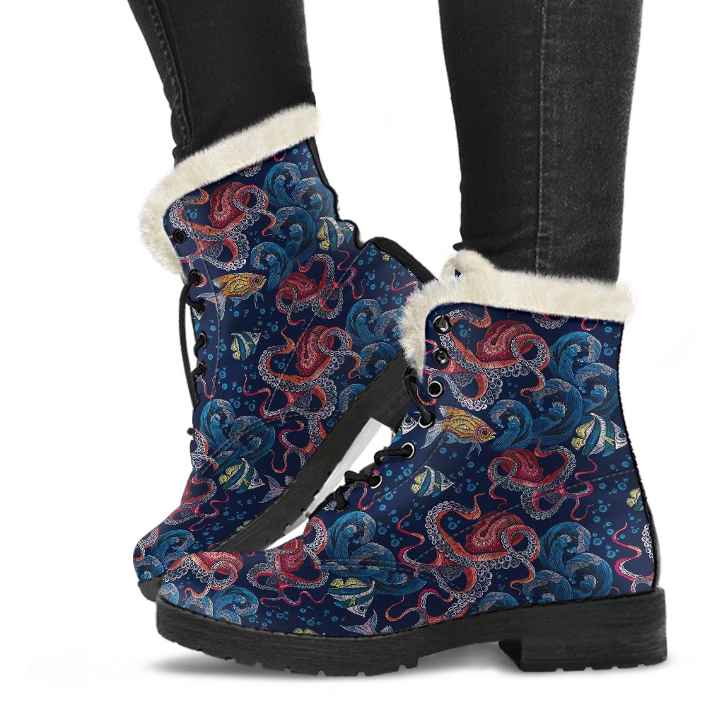 Octopus Deep Sea Print Themed Faux Fur Leather Boots-JTAMIGO.COM
