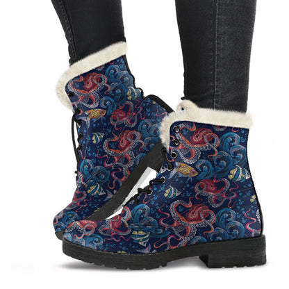 Octopus Deep Sea Print Themed Faux Fur Leather Boots-JTAMIGO.COM