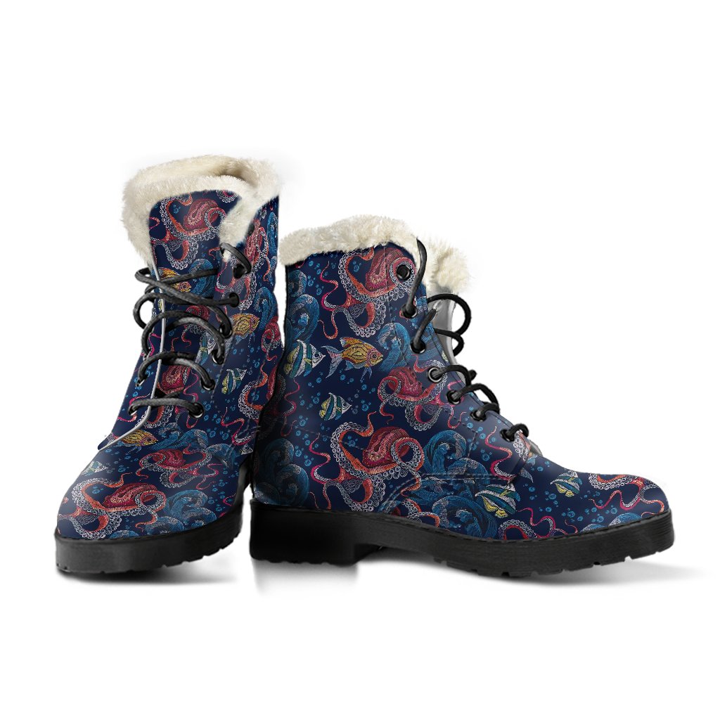 Octopus Deep Sea Print Themed Faux Fur Leather Boots-JTAMIGO.COM