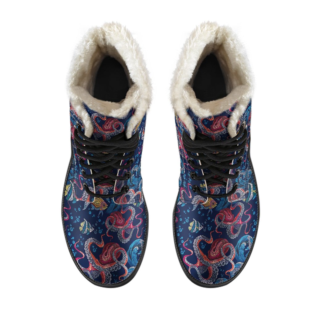 Octopus Deep Sea Print Themed Faux Fur Leather Boots-JTAMIGO.COM