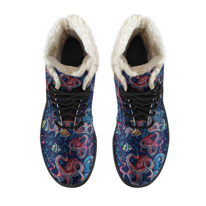 Octopus Deep Sea Print Themed Faux Fur Leather Boots-JTAMIGO.COM