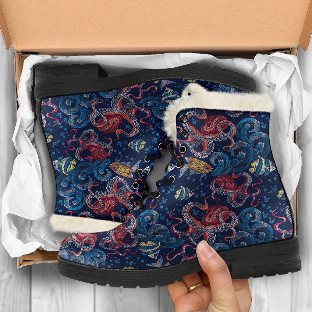 Octopus Deep Sea Print Themed Faux Fur Leather Boots-JTAMIGO.COM