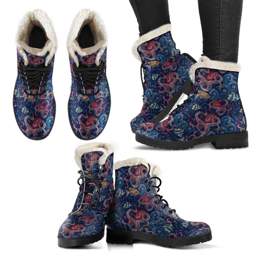 Octopus Deep Sea Print Themed Faux Fur Leather Boots-JTAMIGO.COM