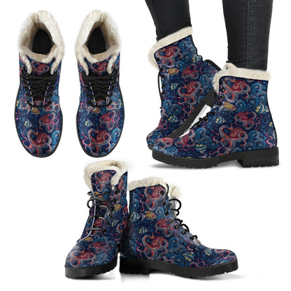 Octopus Deep Sea Print Themed Faux Fur Leather Boots-JTAMIGO.COM