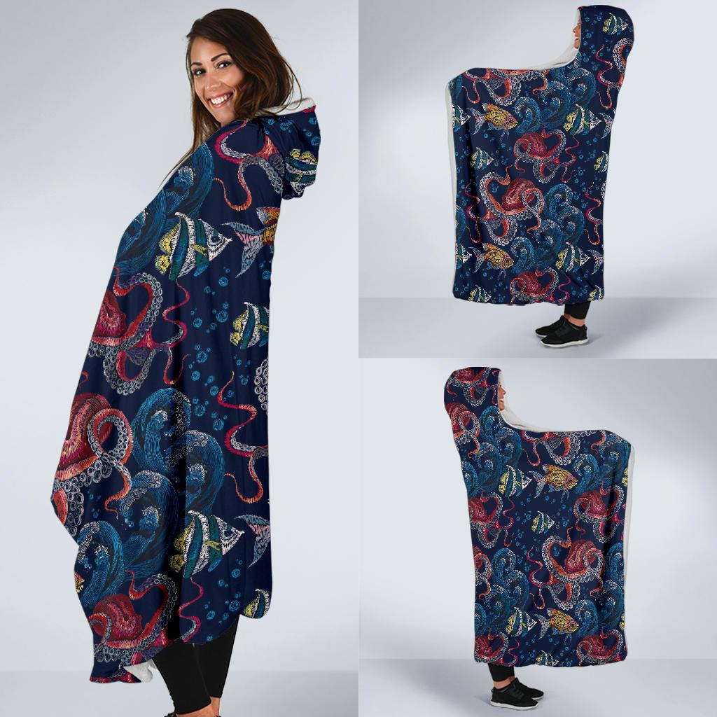Octopus Deep Sea Print Themed Hooded Blanket-JTAMIGO.COM