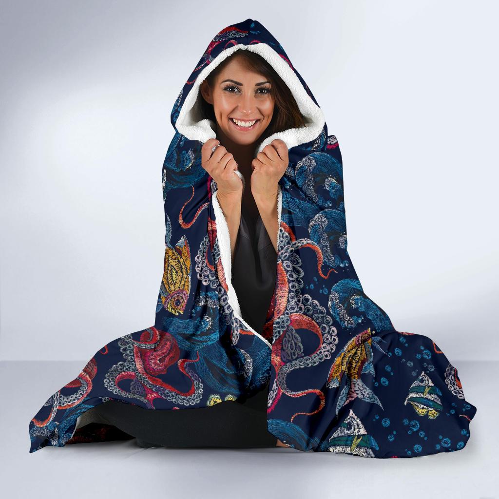 Octopus Deep Sea Print Themed Hooded Blanket-JTAMIGO.COM