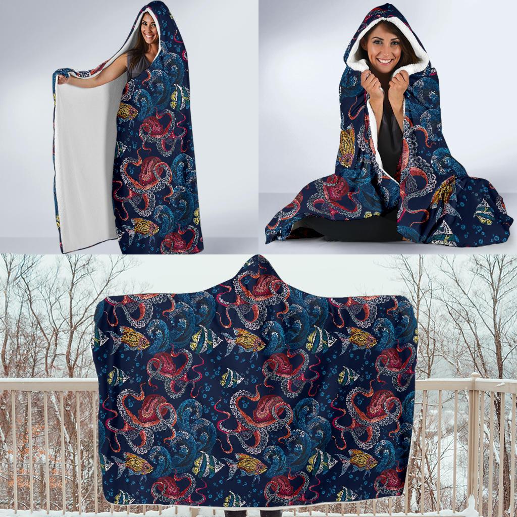 Octopus Deep Sea Print Themed Hooded Blanket-JTAMIGO.COM