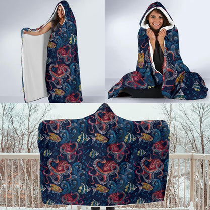 Octopus Deep Sea Print Themed Hooded Blanket-JTAMIGO.COM