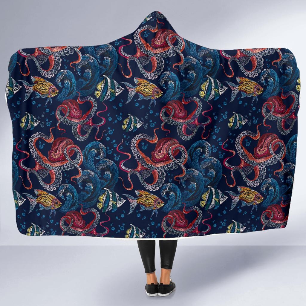 Octopus Deep Sea Print Themed Hooded Blanket-JTAMIGO.COM