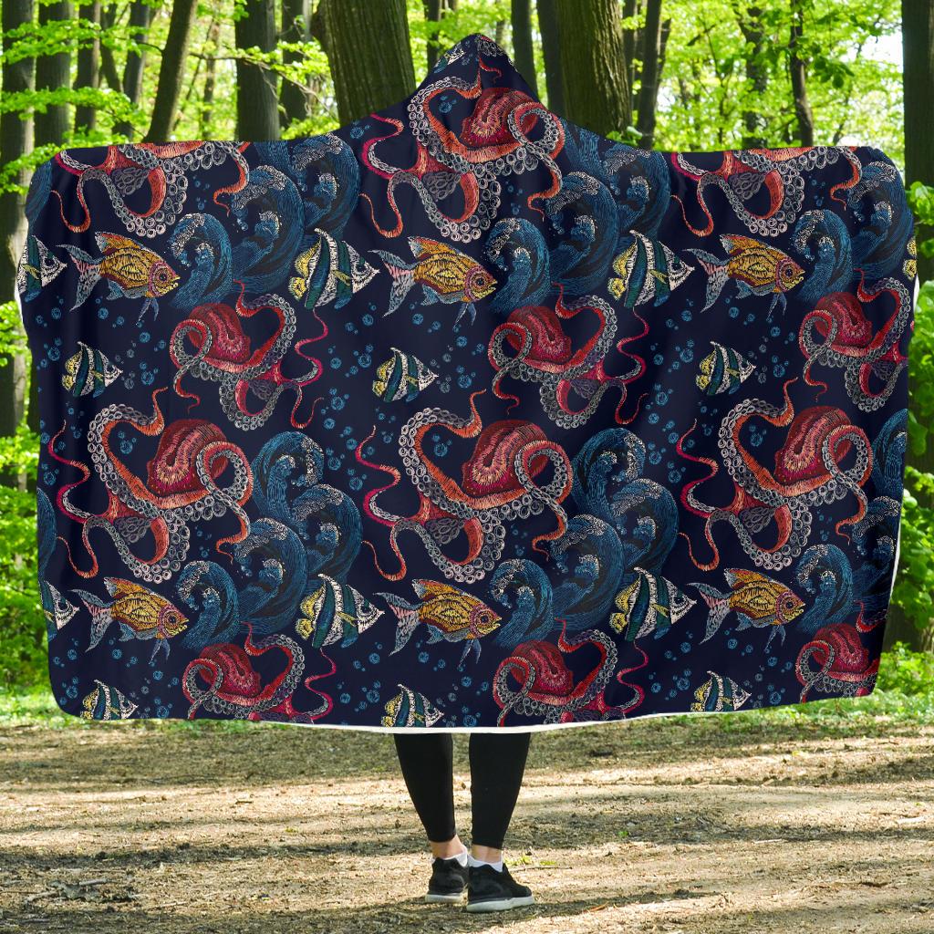 Octopus Deep Sea Print Themed Hooded Blanket-JTAMIGO.COM
