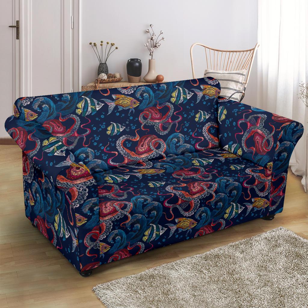 Octopus Deep Sea Print Themed Loveseat Slipcover-JTAMIGO.COM