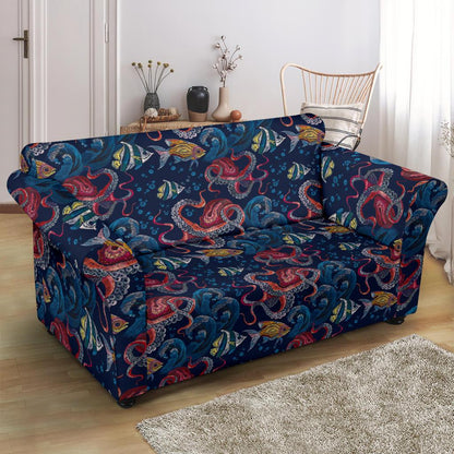 Octopus Deep Sea Print Themed Loveseat Slipcover-JTAMIGO.COM