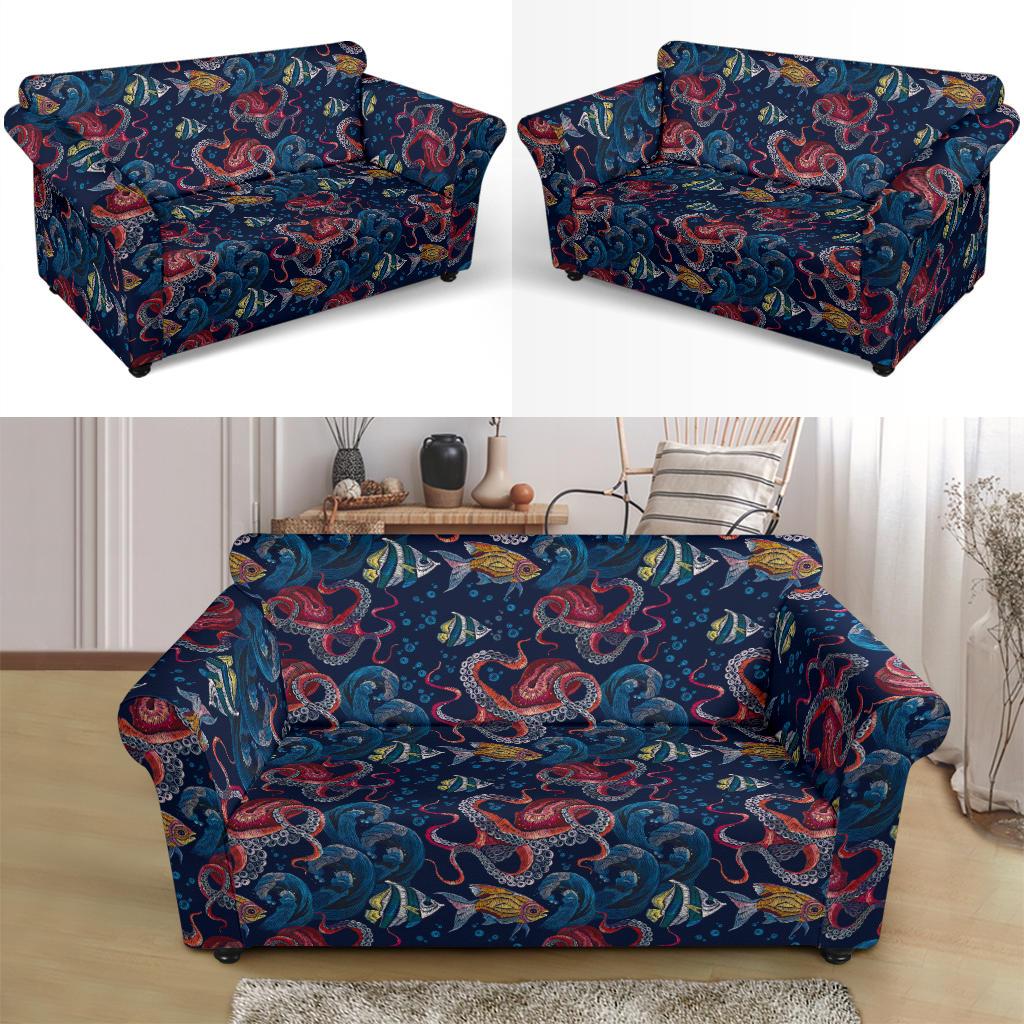 Octopus Deep Sea Print Themed Loveseat Slipcover-JTAMIGO.COM