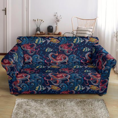 Octopus Deep Sea Print Themed Loveseat Slipcover-JTAMIGO.COM