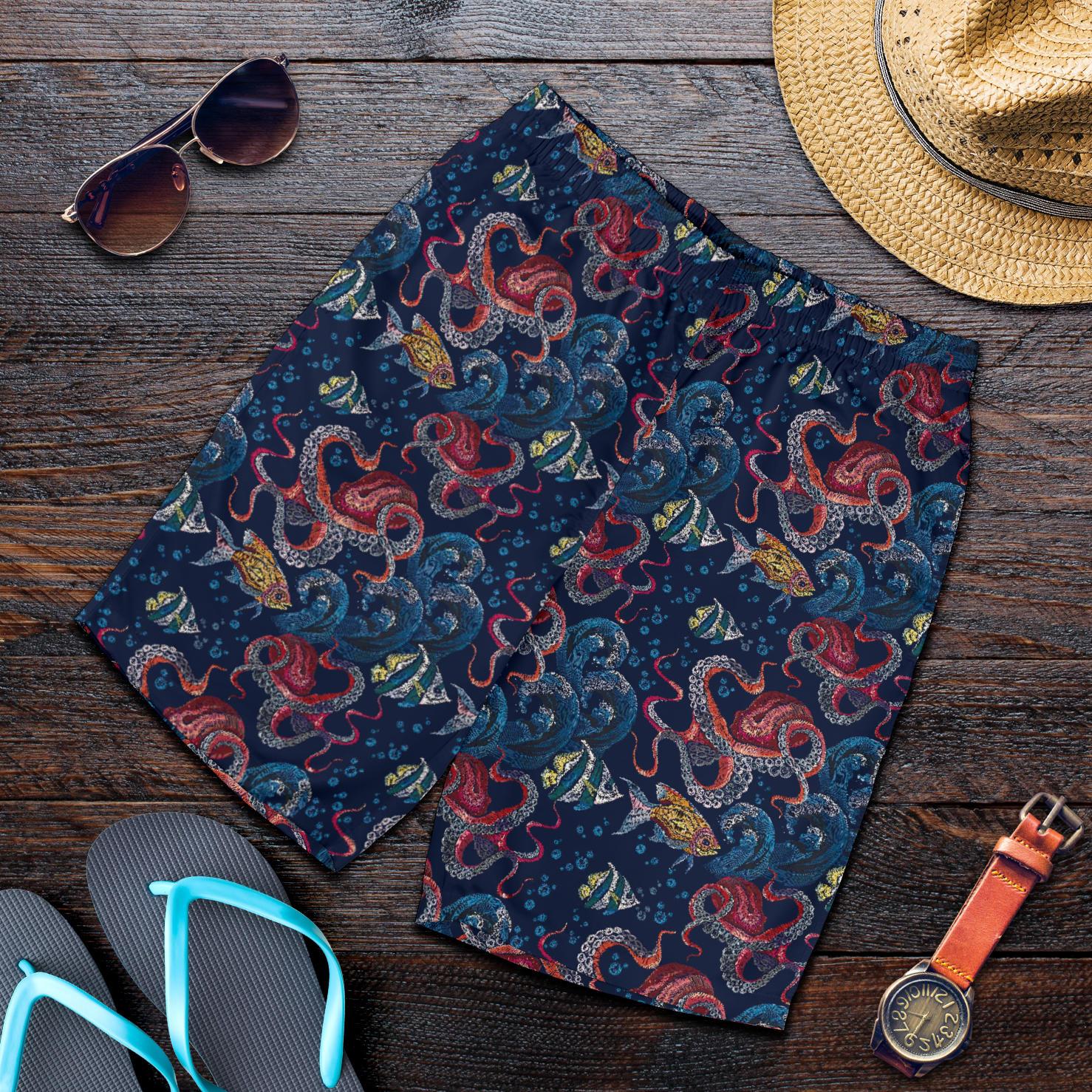 Octopus Deep Sea Print Themed Mens Shorts-JTAMIGO.COM