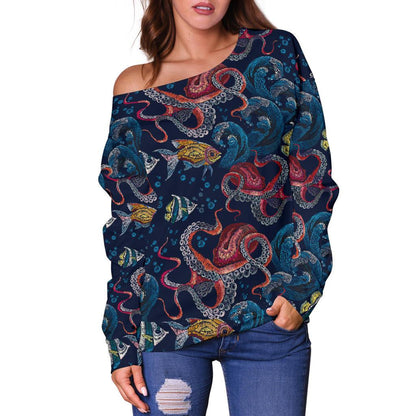 Octopus Deep Sea Print Themed Off Shoulder Sweatshirt