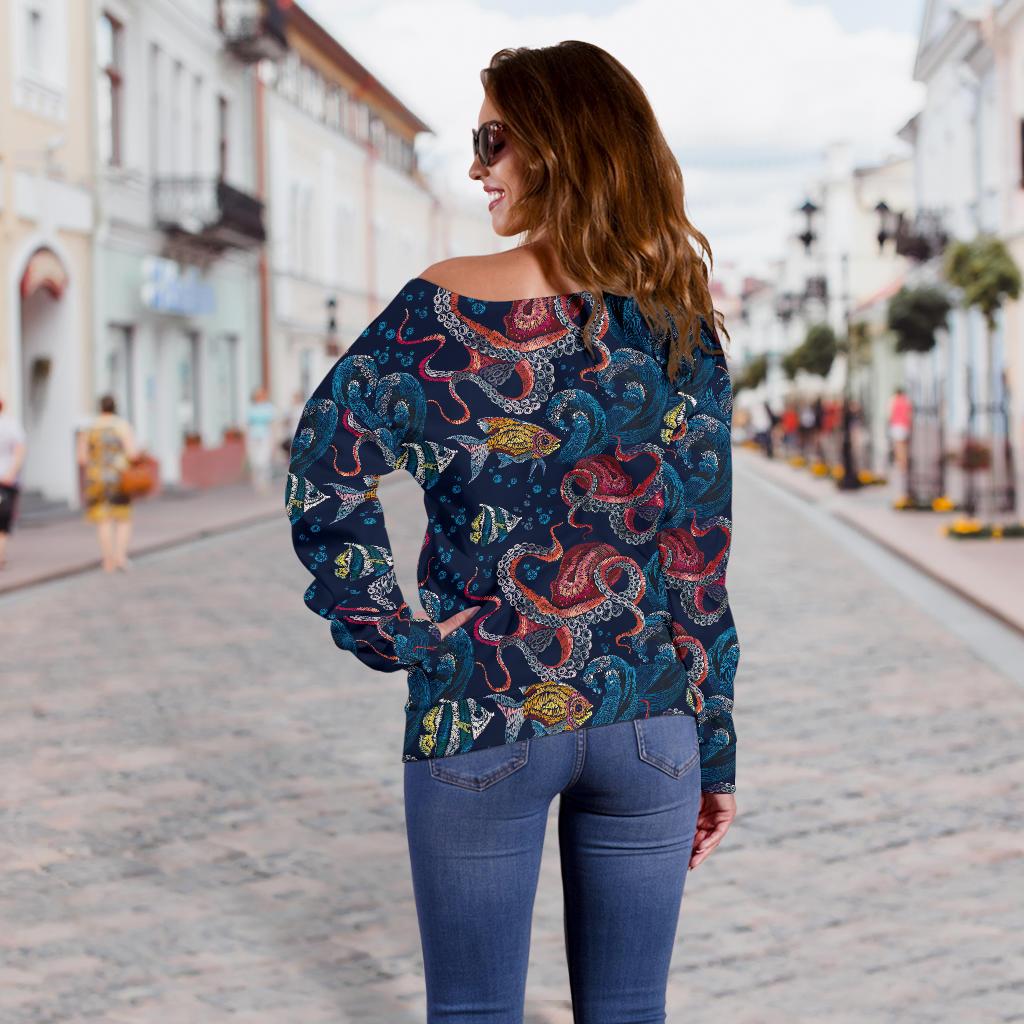 Octopus Deep Sea Print Themed Off Shoulder Sweatshirt