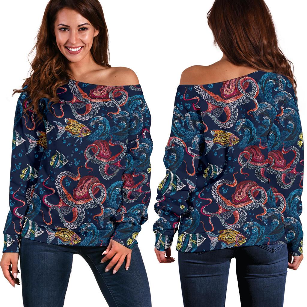 Octopus Deep Sea Print Themed Off Shoulder Sweatshirt