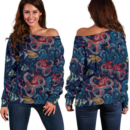 Octopus Deep Sea Print Themed Off Shoulder Sweatshirt