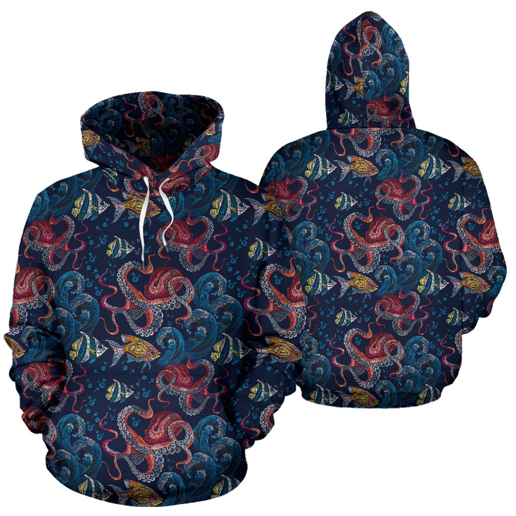 Octopus Deep Sea Print Themed Pullover Hoodie