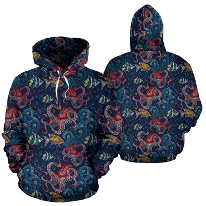 Octopus Deep Sea Print Themed Pullover Hoodie