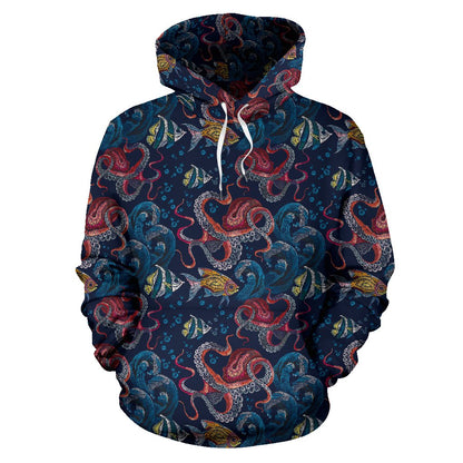 Octopus Deep Sea Print Themed Pullover Hoodie