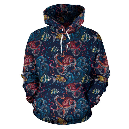 Octopus Deep Sea Print Themed Pullover Hoodie