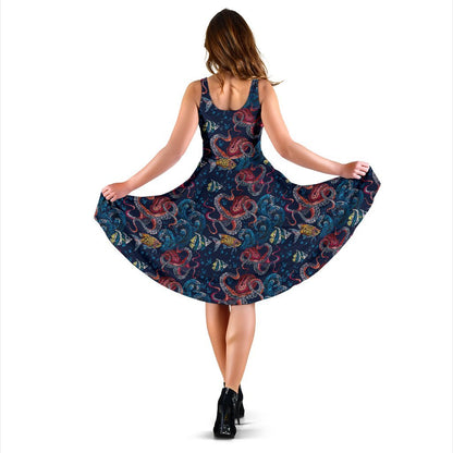 Octopus Deep Sea Print Themed Sleeveless Dress