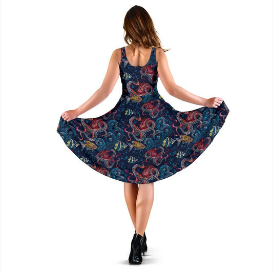 Octopus Deep Sea Print Themed Sleeveless Dress