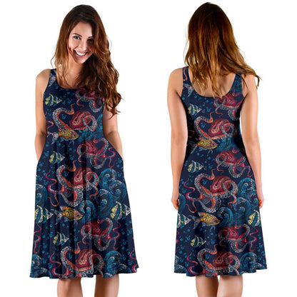 Octopus Deep Sea Print Themed Sleeveless Dress