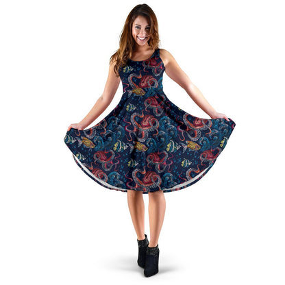 Octopus Deep Sea Print Themed Sleeveless Dress