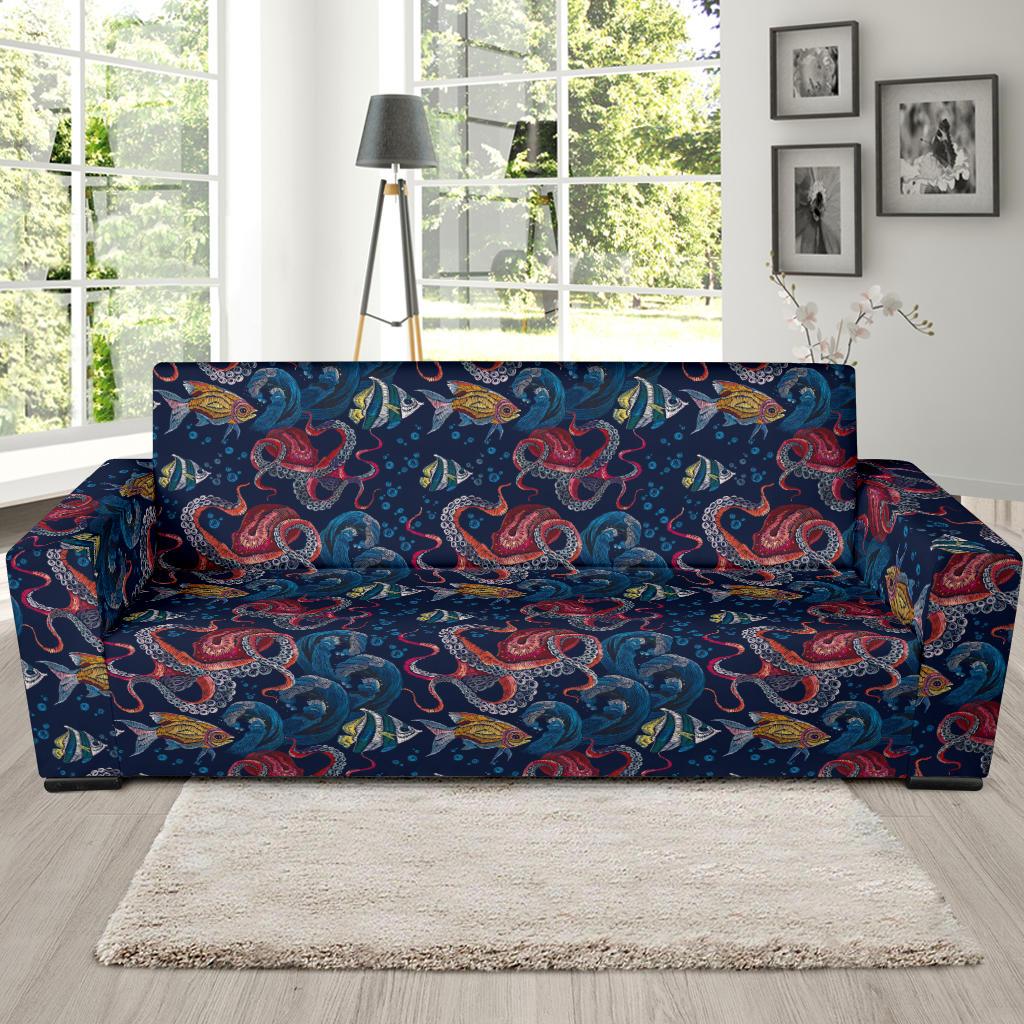 Octopus Deep Sea Print Themed Sofa Slipcover-JTAMIGO.COM