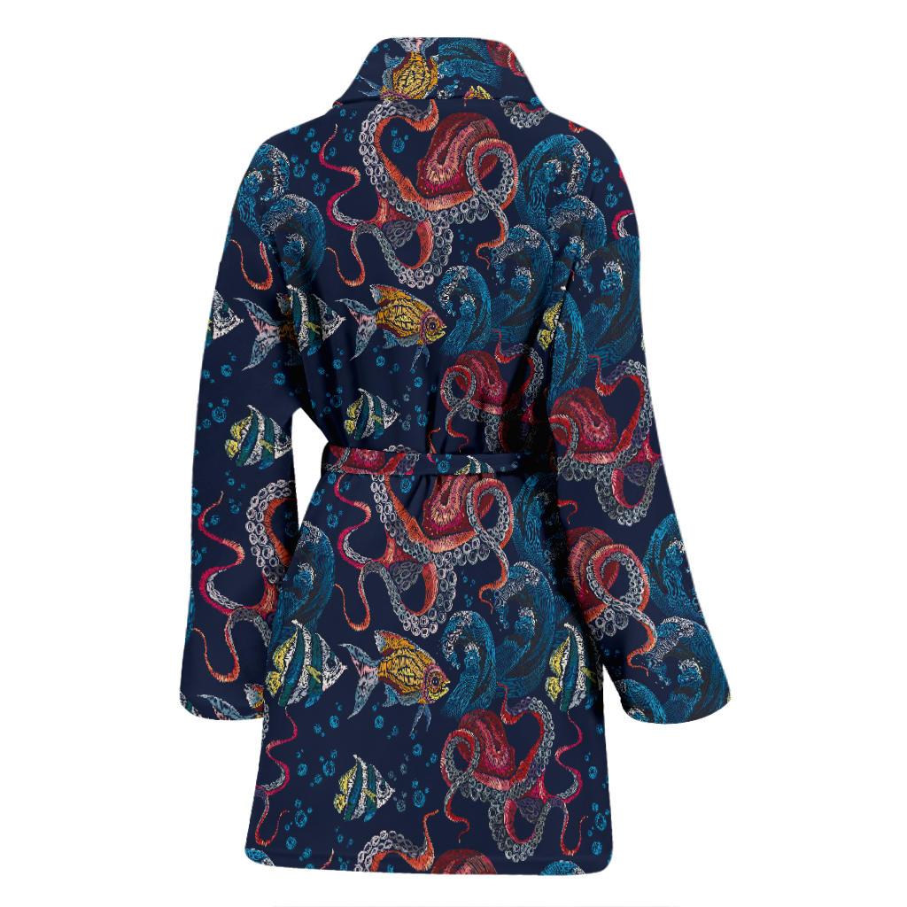 Octopus Deep Sea Print Themed Women Bath Robe-JTAMIGO.COM