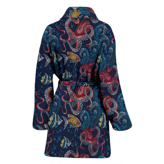 Octopus Deep Sea Print Themed Women Bath Robe-JTAMIGO.COM