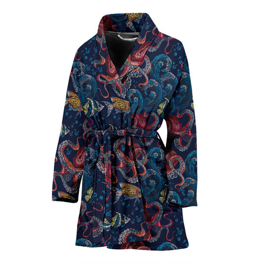 Octopus Deep Sea Print Themed Women Bath Robe-JTAMIGO.COM