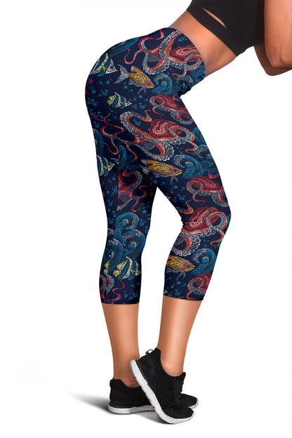 Octopus Deep Sea Print Themed Women Capris