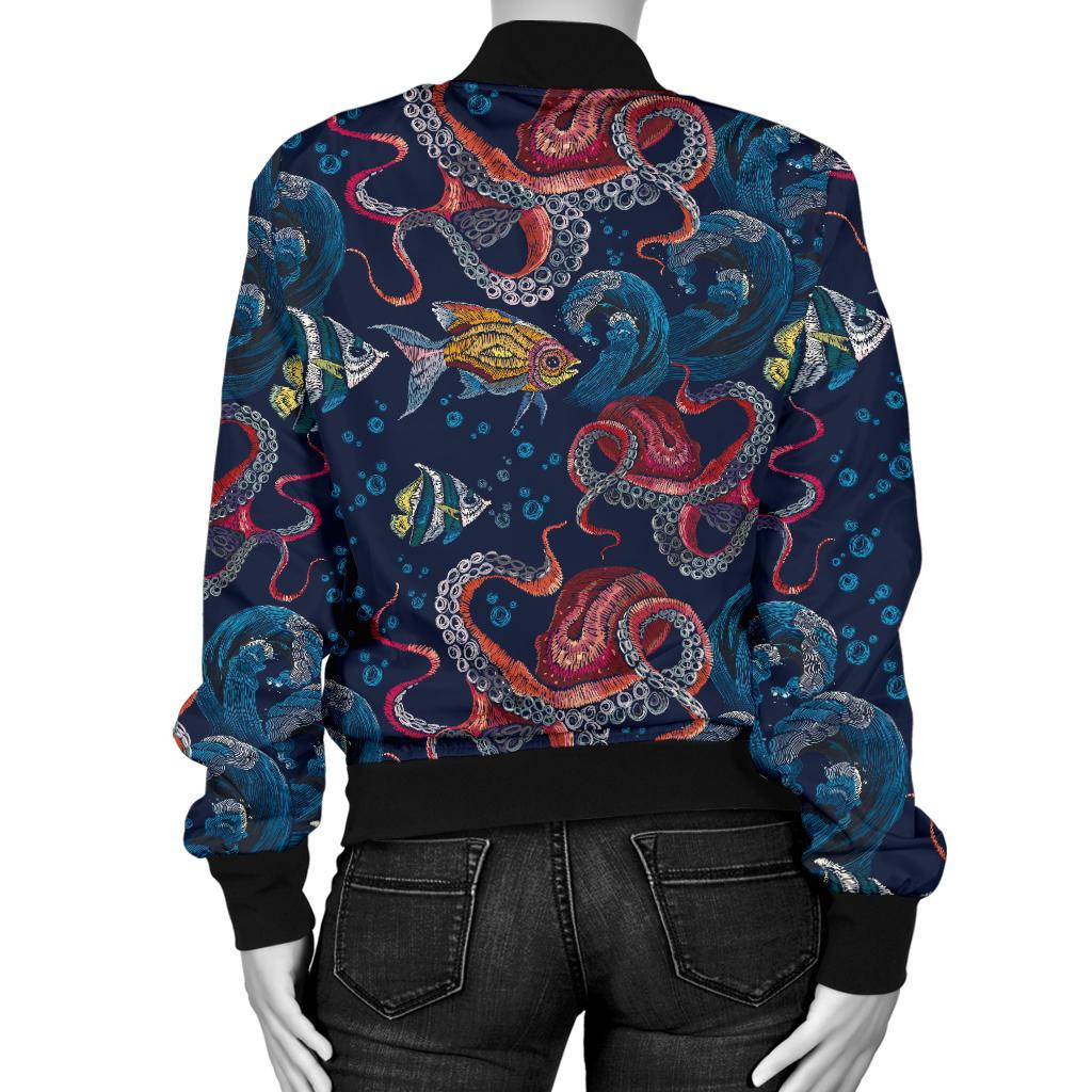 Octopus Deep Sea Print Themed Women Casual Bomber Jacket