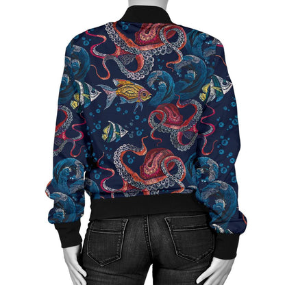 Octopus Deep Sea Print Themed Women Casual Bomber Jacket