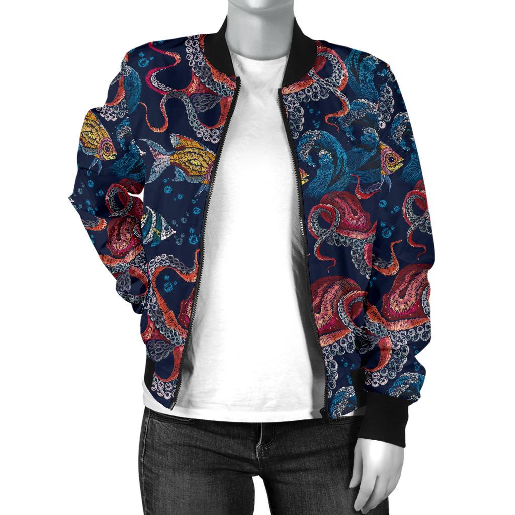 Octopus Deep Sea Print Themed Women Casual Bomber Jacket