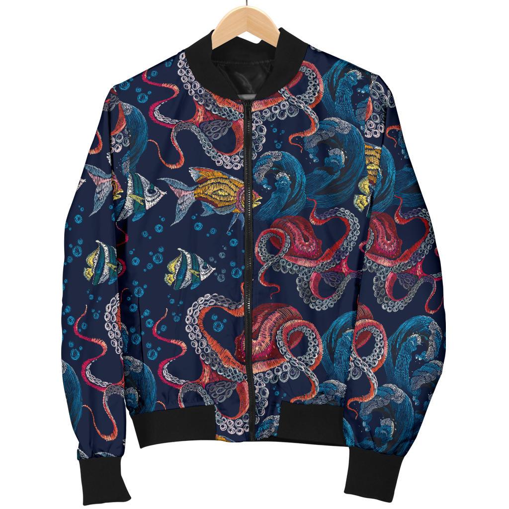 Octopus Deep Sea Print Themed Women Casual Bomber Jacket