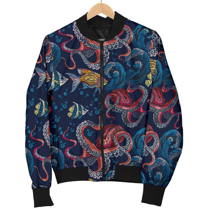 Octopus Deep Sea Print Themed Women Casual Bomber Jacket