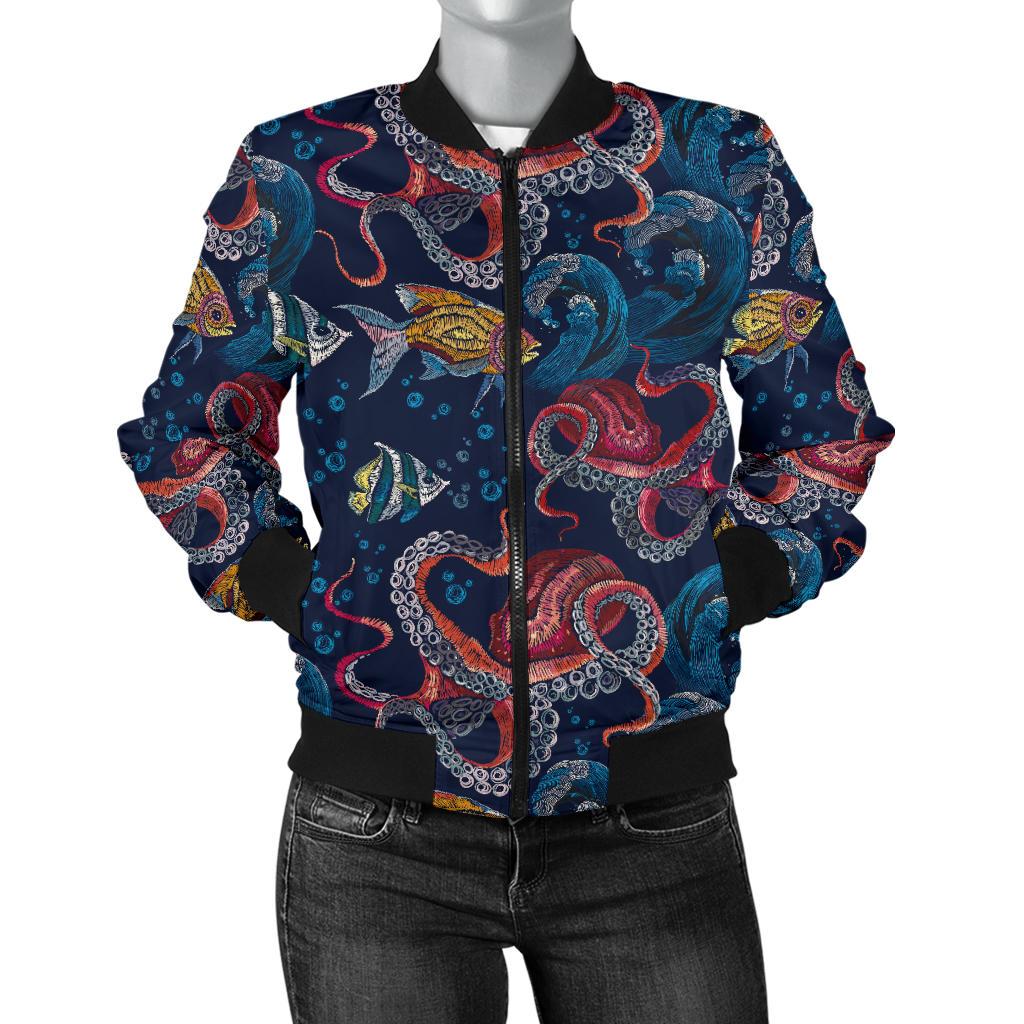 Octopus Deep Sea Print Themed Women Casual Bomber Jacket