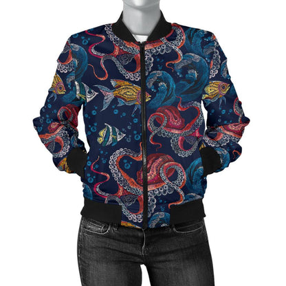 Octopus Deep Sea Print Themed Women Casual Bomber Jacket