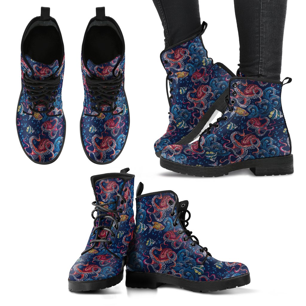 Octopus Deep Sea Print Themed Women Leather Boots-JTAMIGO.COM