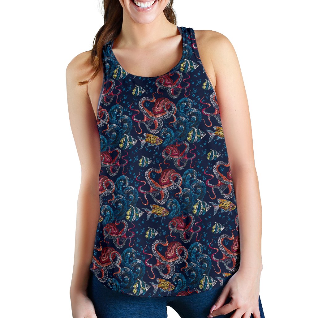 Octopus Deep Sea Print Themed Women Racerback Tank Top