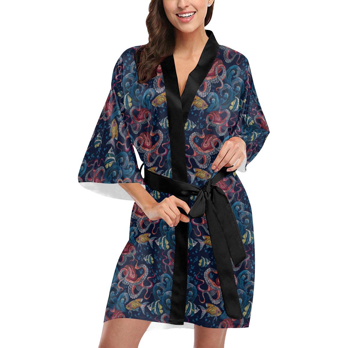 Octopus Deep Sea Print Themed Women Short Kimono Robe
