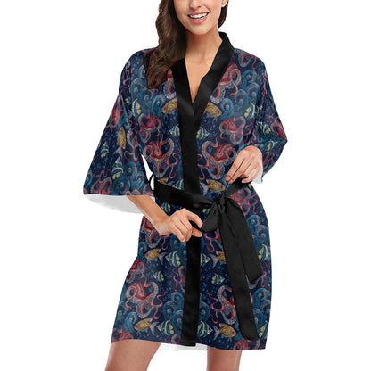 Octopus Deep Sea Print Themed Women Short Kimono Robe